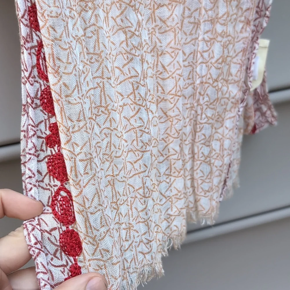 Vintage Eileen Fisher Block Print Boho Embroidered Cotton Linen Fringe Scarf